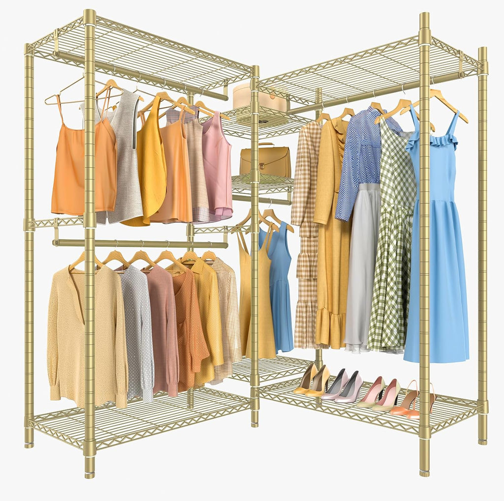 Gold 5-Tier L-Shaped Corner Wire Garment Rack