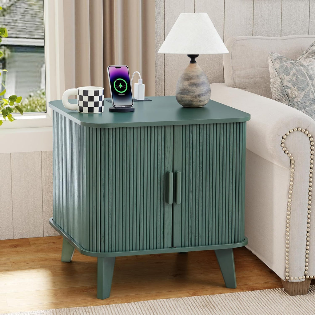 Green Fluted Curved Charging Station End Table