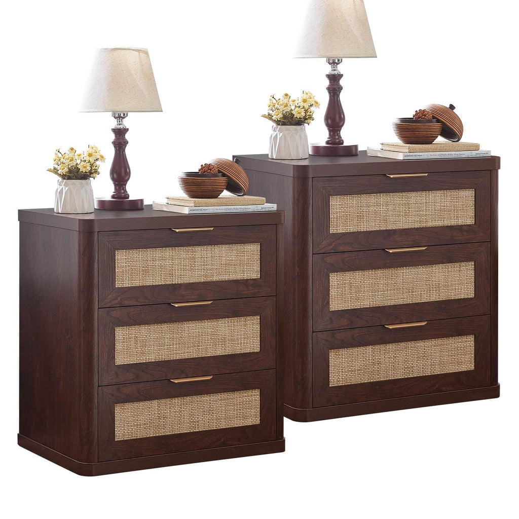 Boho Rattan 3-Drawer Nightstands Set of 2