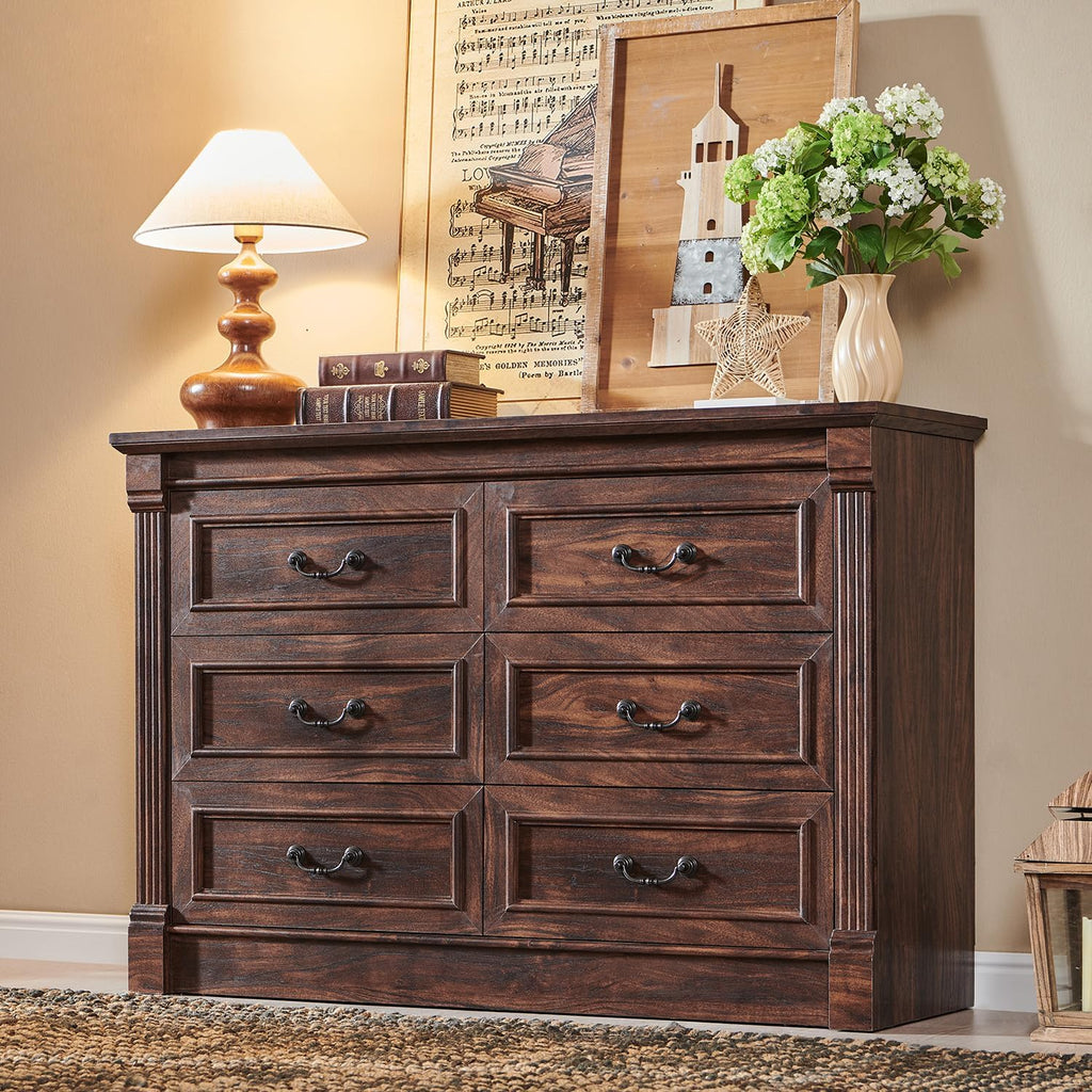 Brown Column Farmhouse 6-Drawer Wood Dresser