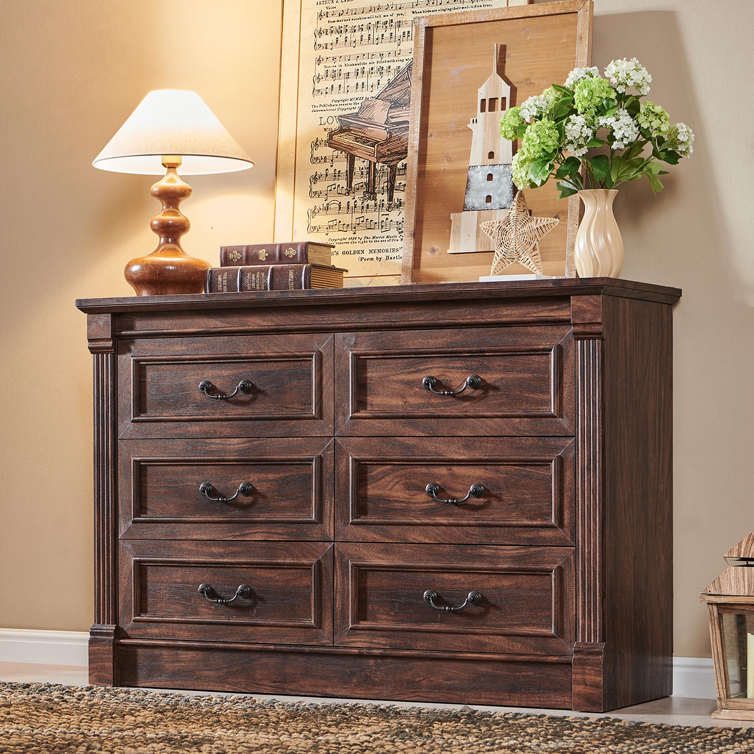 Brown Column Farmhouse 6-Drawer Wood Dresser