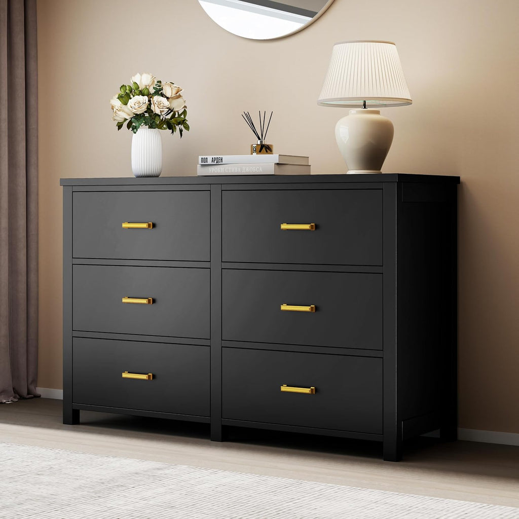 Black Solid Wood 6-Drawer Mid Century Dresser