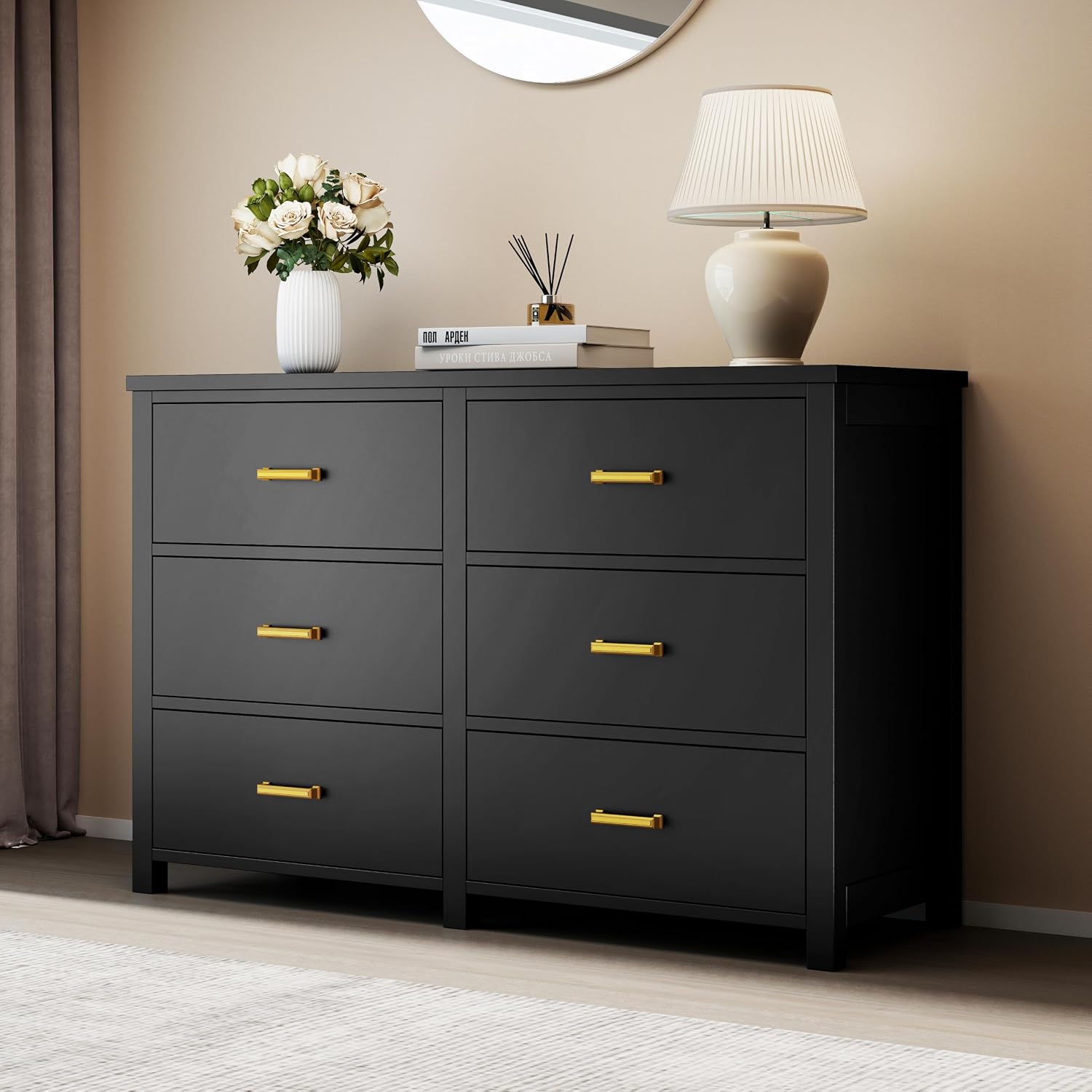 Black Solid Wood 6-Drawer Mid Century Dresser