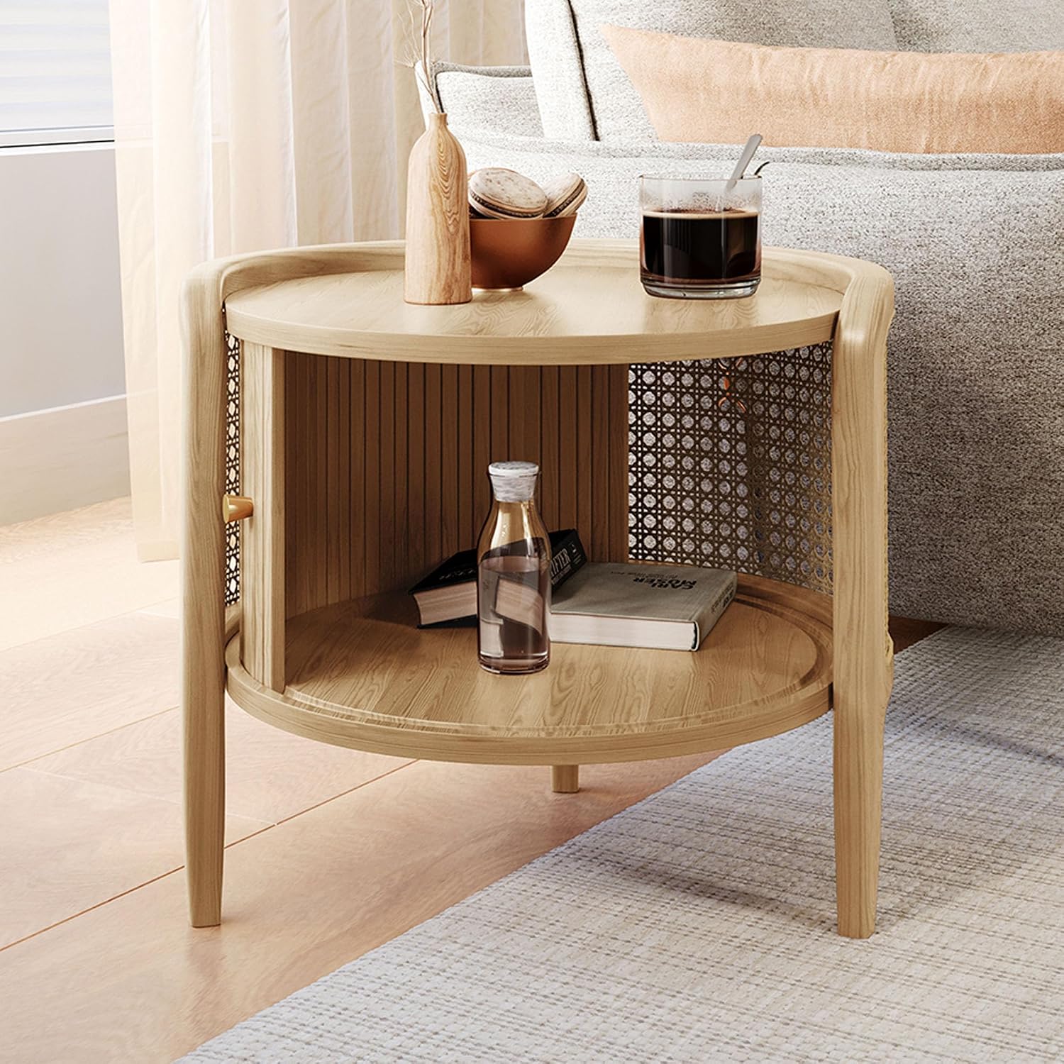 Wood Rattan Roller Door Nightstand Set of 2