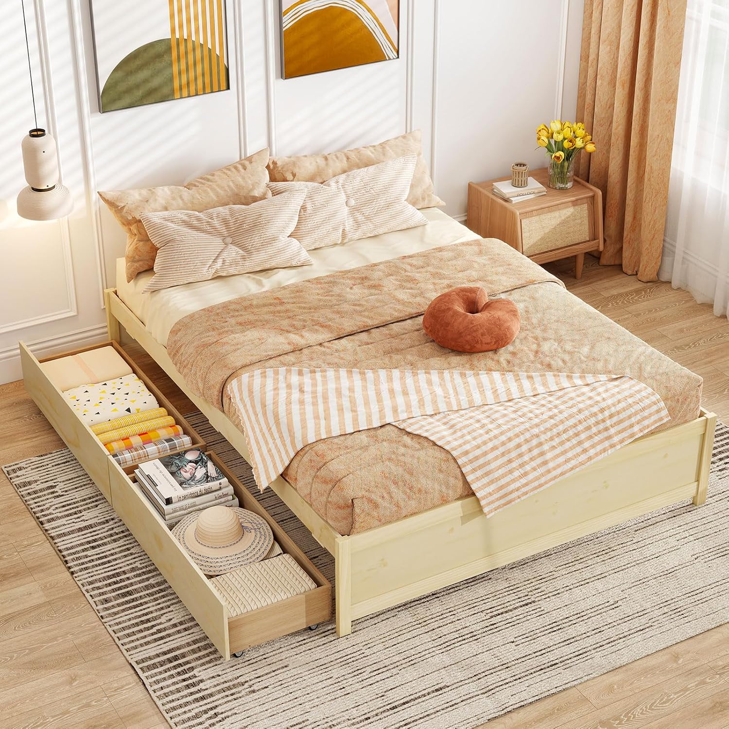 Natural Queen Wood Storage Drawer Bed Frame