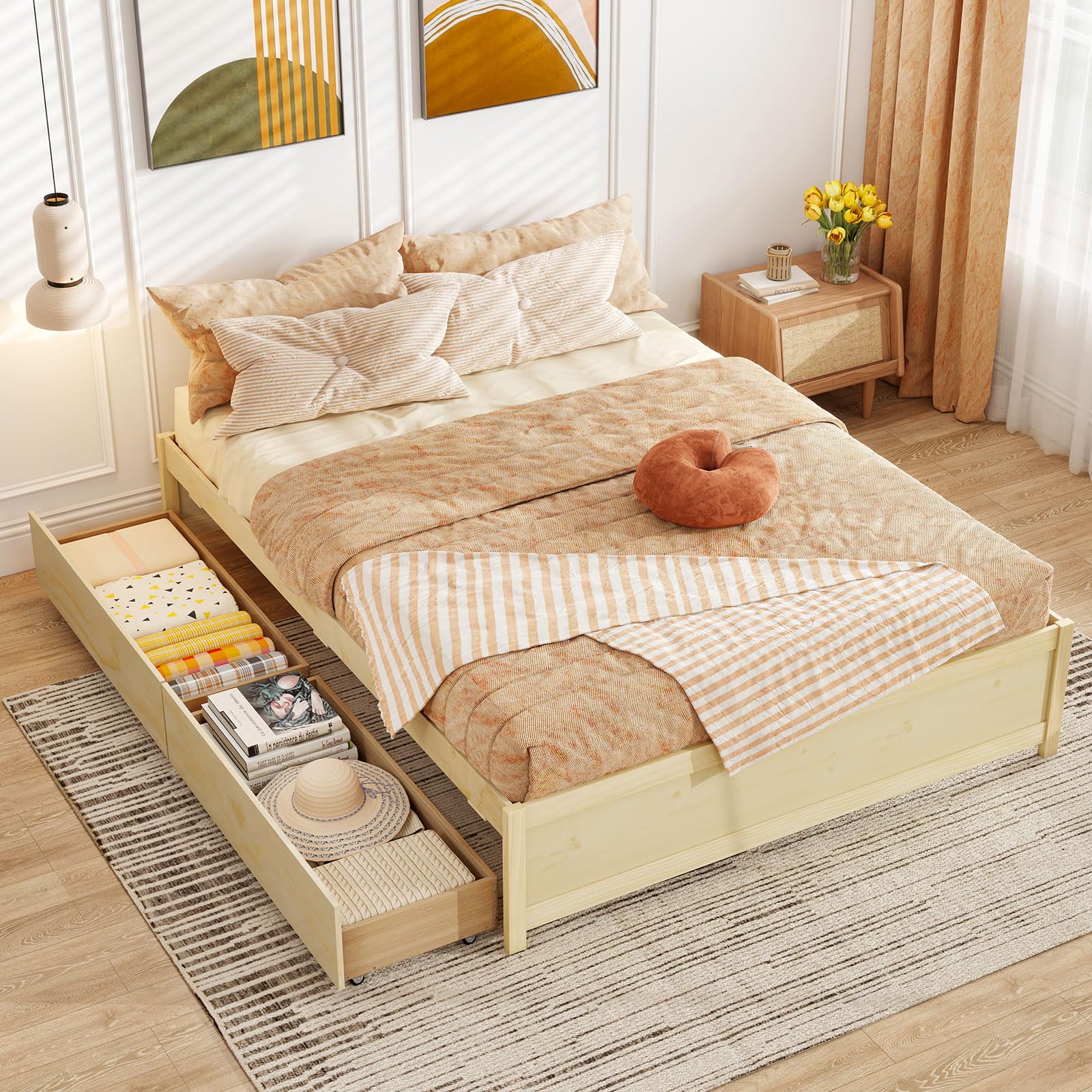Natural Queen Wood Storage Drawer Bed Frame