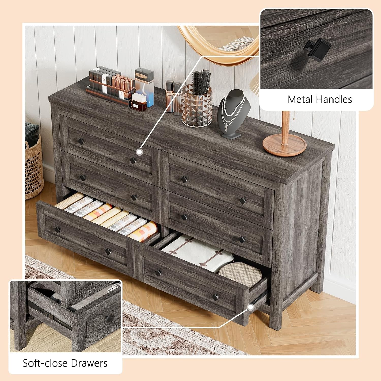 Grey Farmhouse 6-Drawer Wood Storage Dresser