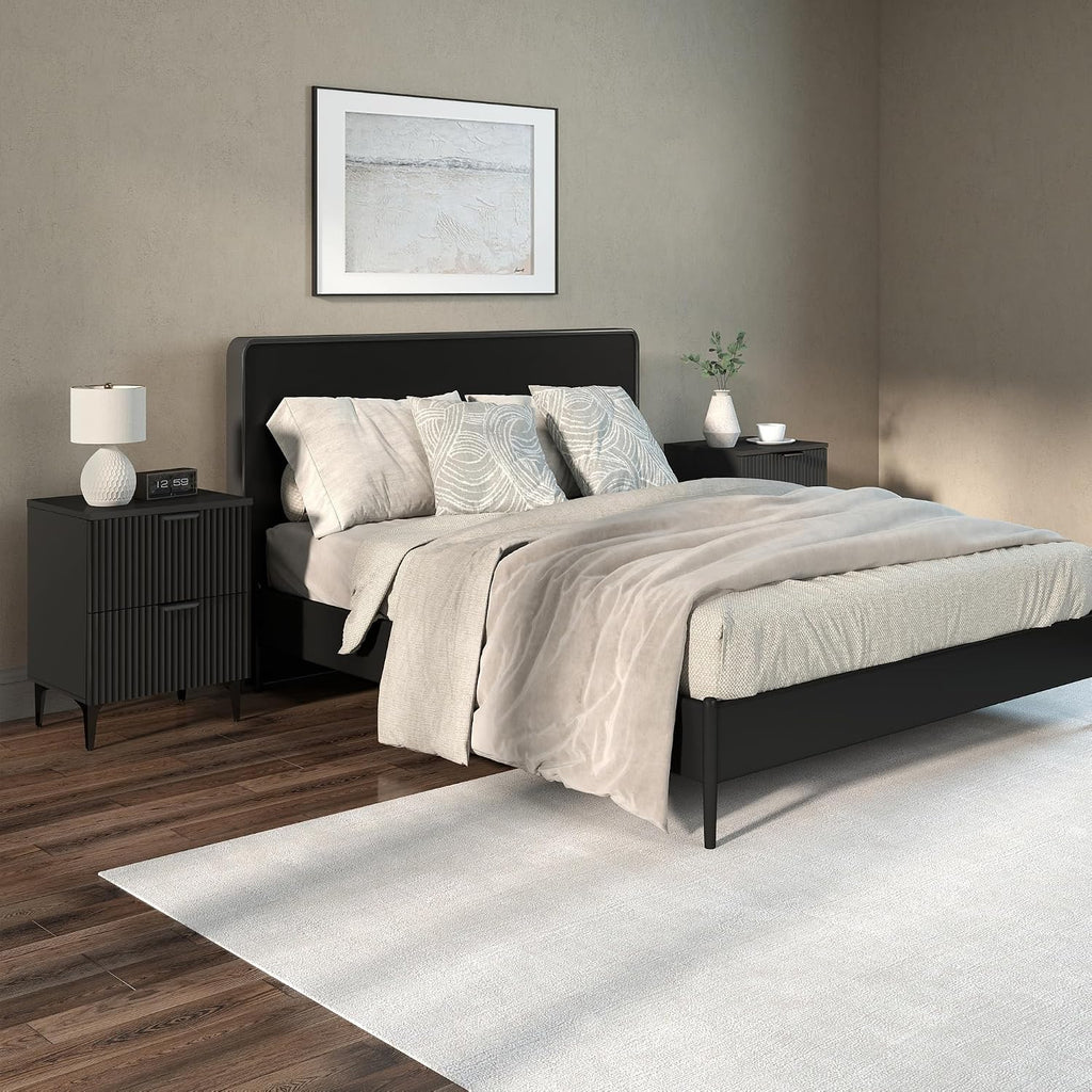 Black Fluted 2-Drawer Nightstand Set of 2