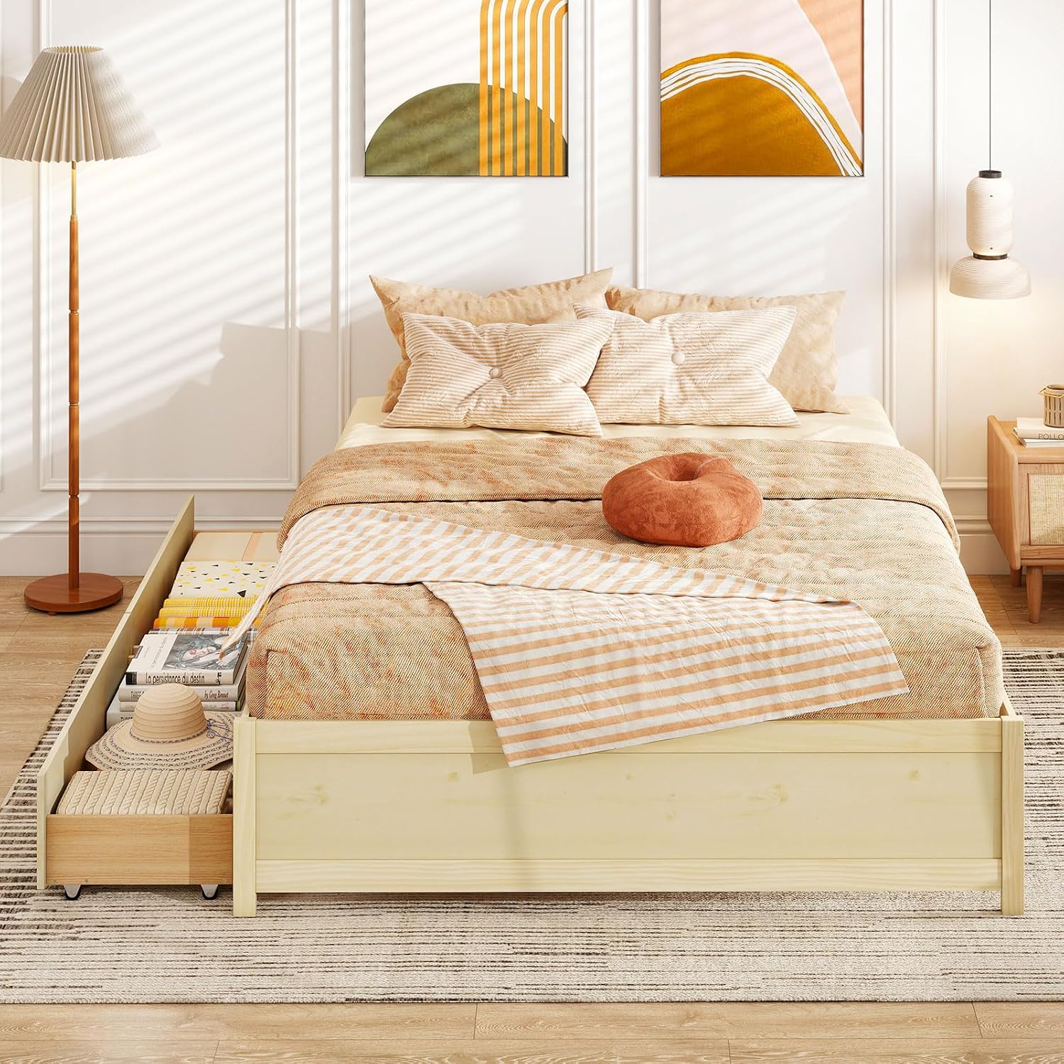 Natural Queen Wood Storage Drawer Bed Frame