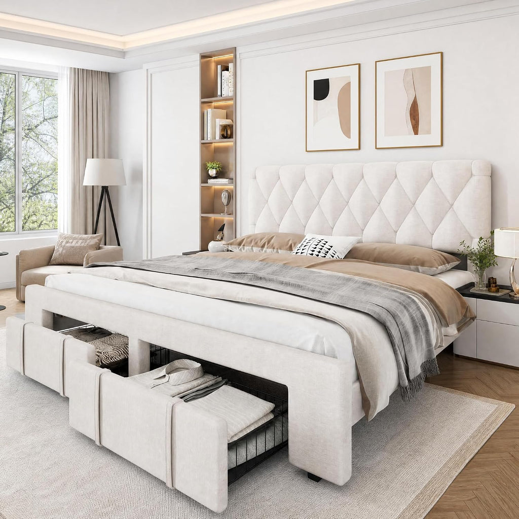 Beige King Upholstered Drawer Storage Bed