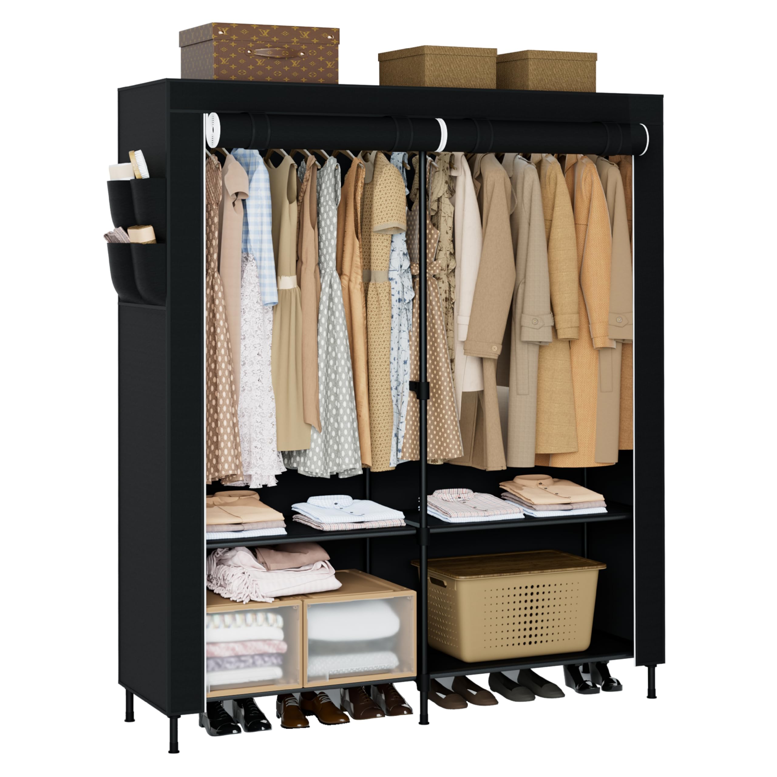 Black Covered 3-Rod Portable Wardrobe Closet