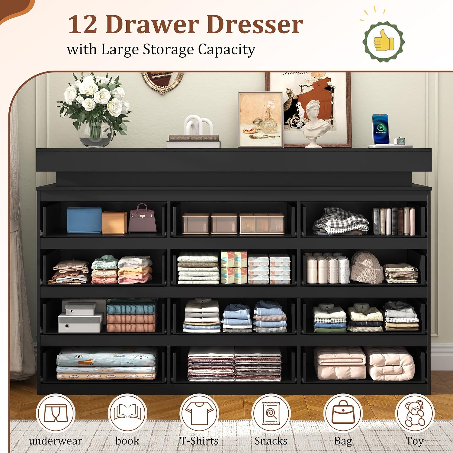 Black LED Charging 12-Drawer Wide Dresser