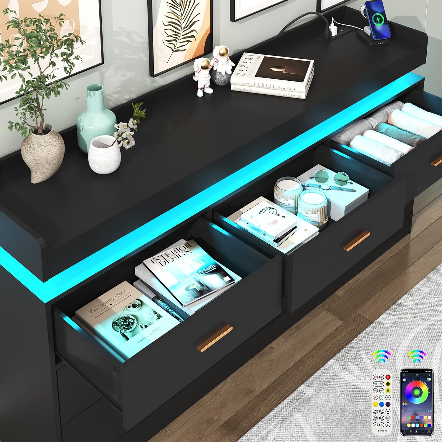 Black LED Charging 7-Drawer Modern Dresser