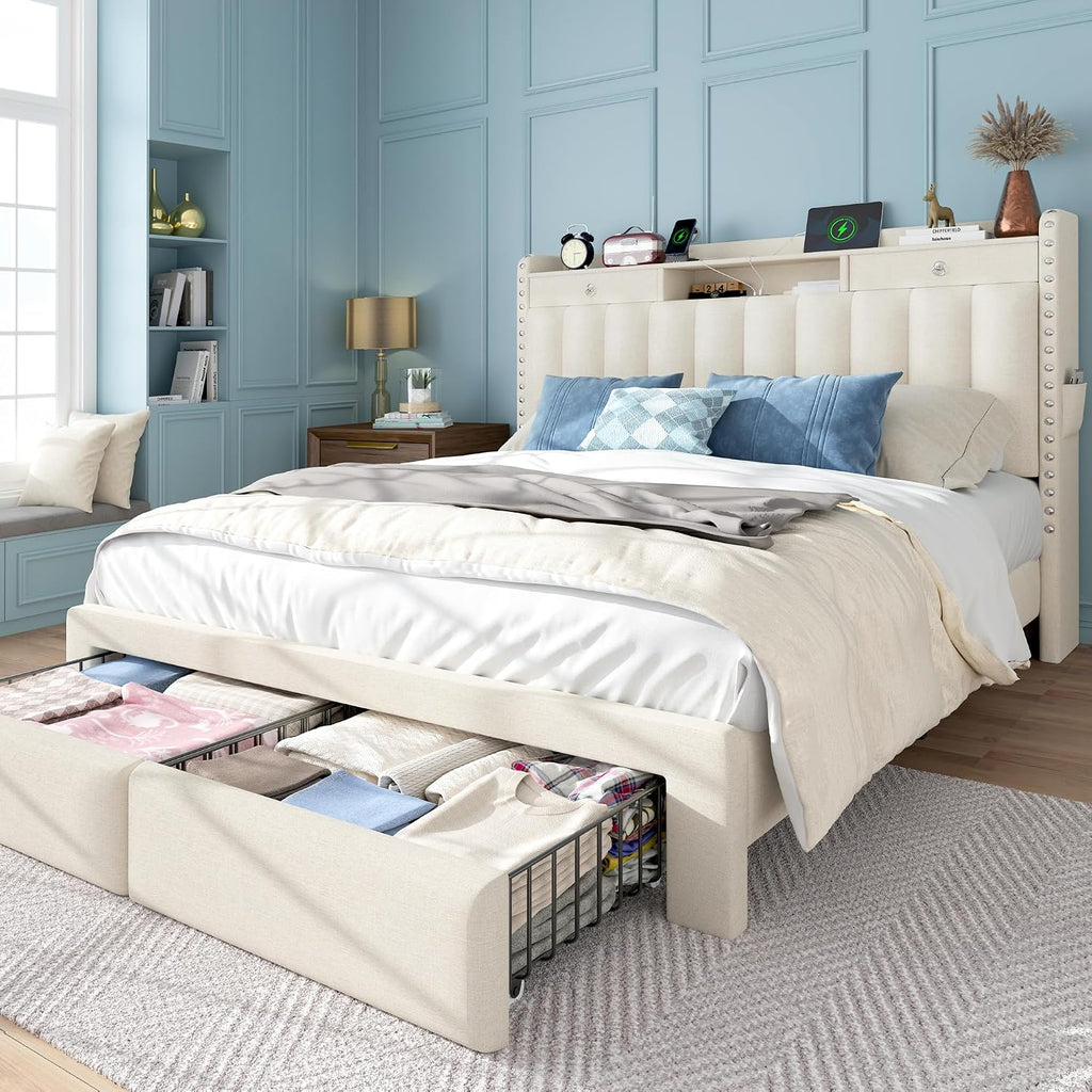 Beige Linen Charging Storage Full Bed Frame
