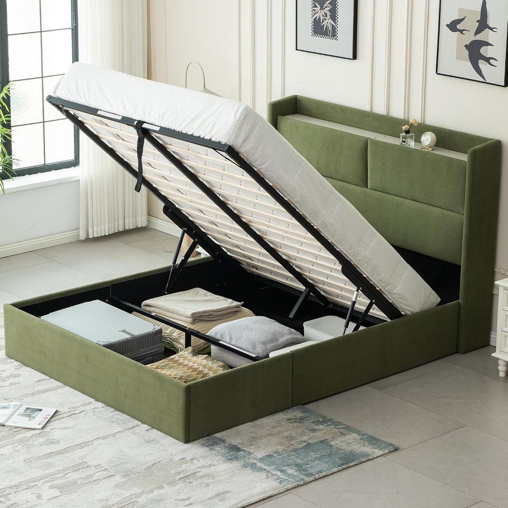 Green Wingback Hydraulic Full Storage Bed