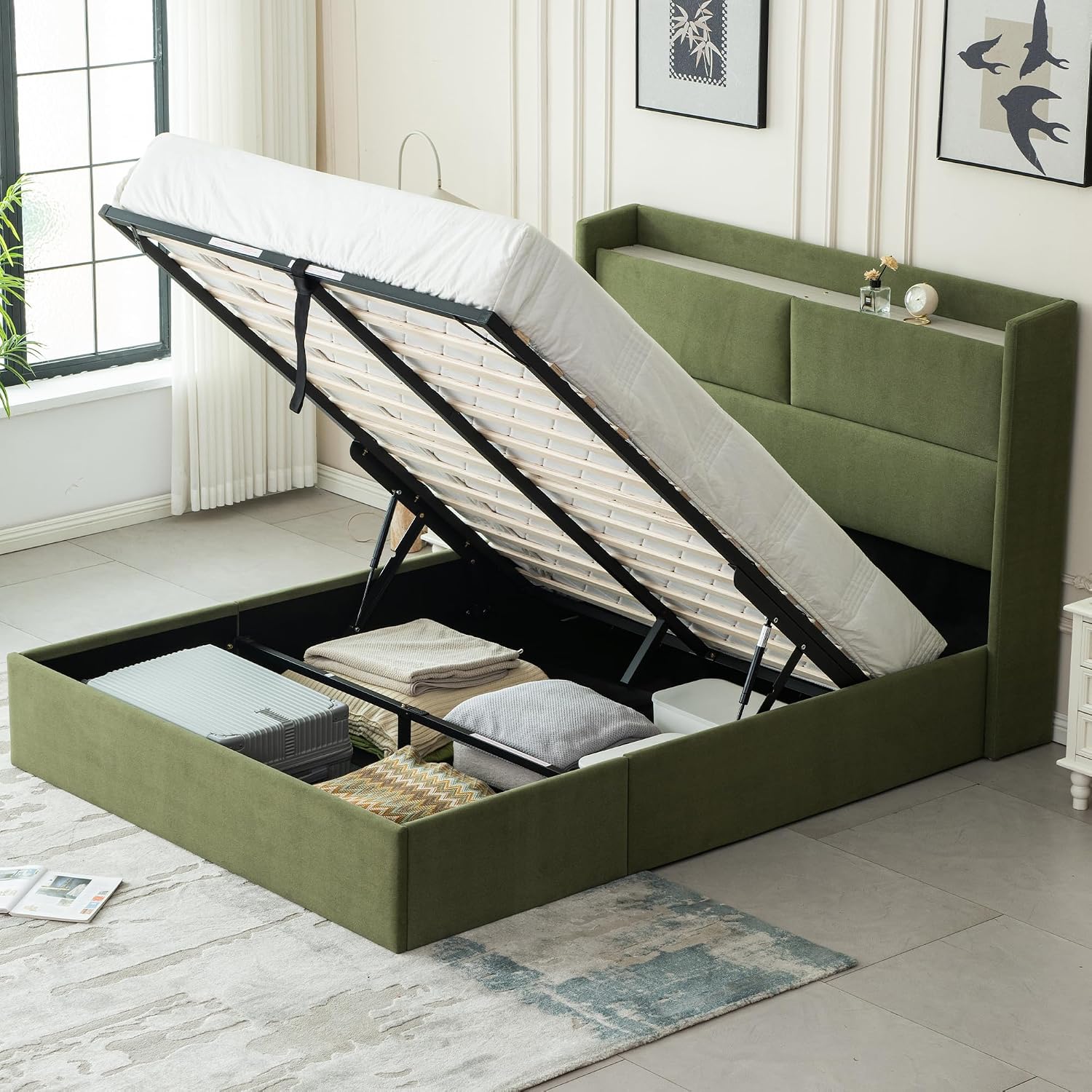 Green Wingback Hydraulic Full Storage Bed