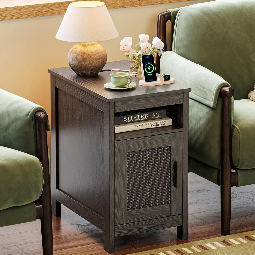 Natural Wood Rattan Charging Narrow Nightstand