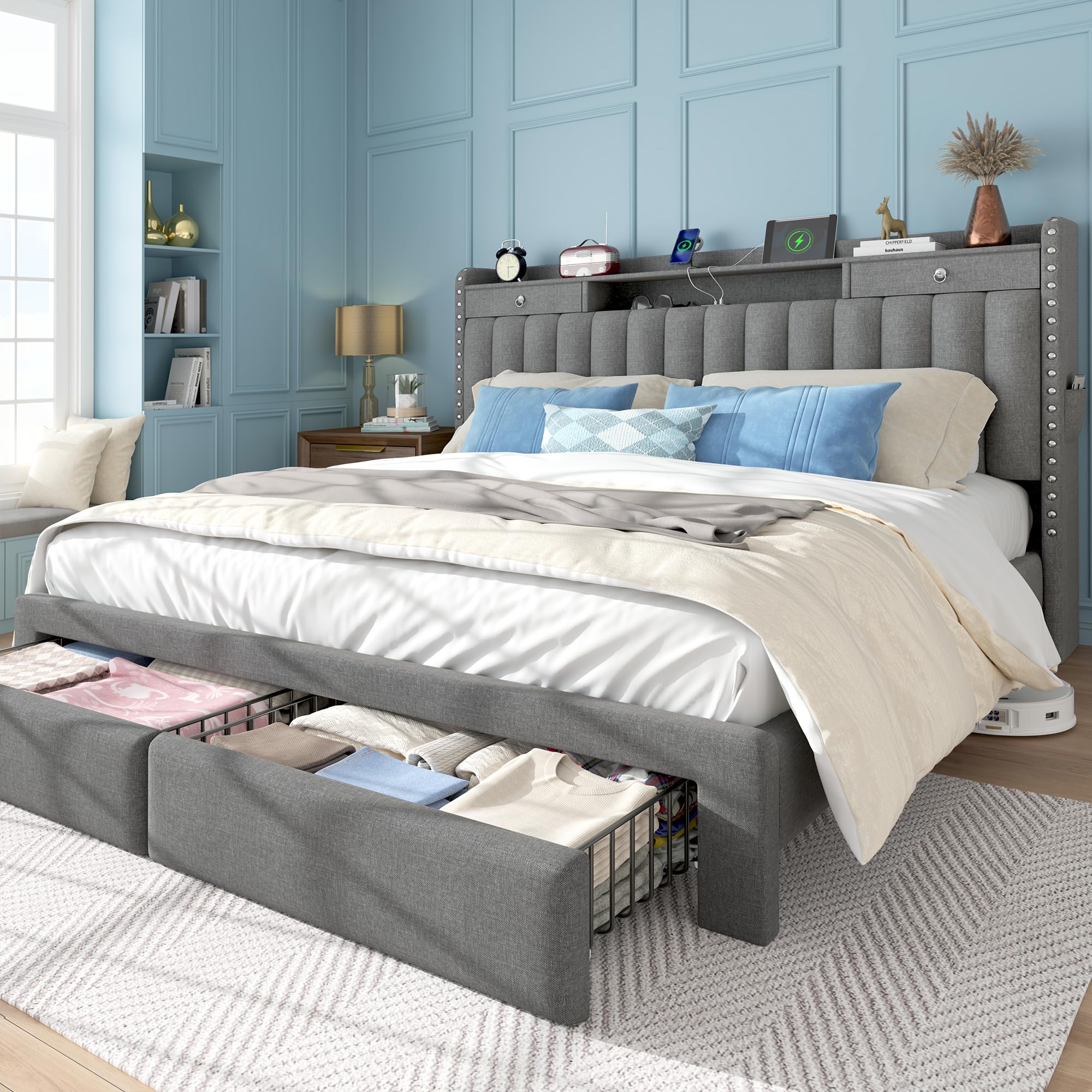 Beige Linen Charging Storage Full Bed Frame