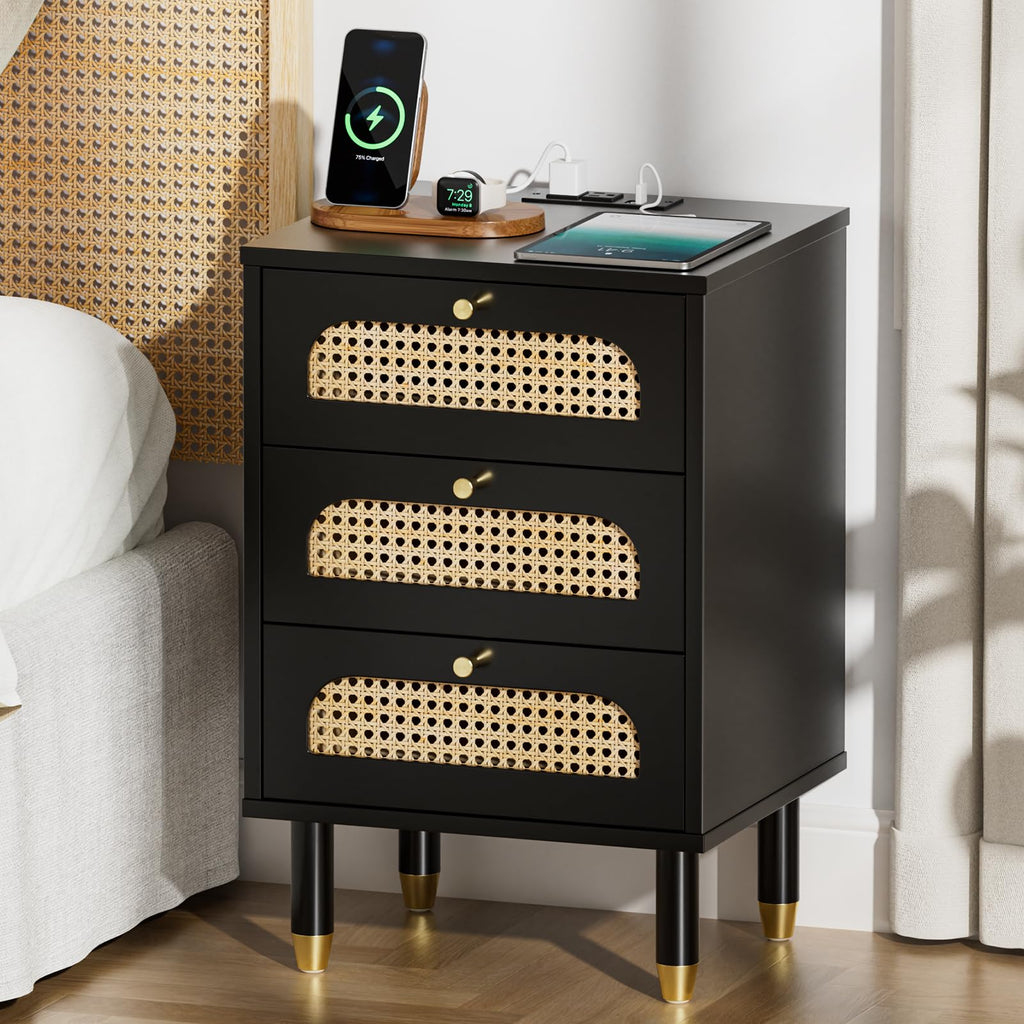 Black Rattan 3-Drawer Nightstand Set of 2