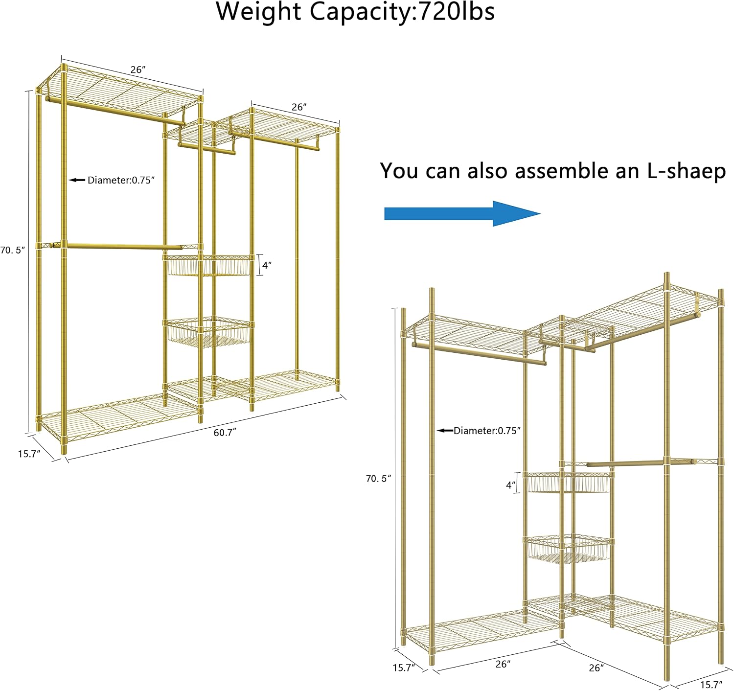 Gold 6-Tier Heavy Duty Metal Garment Rack