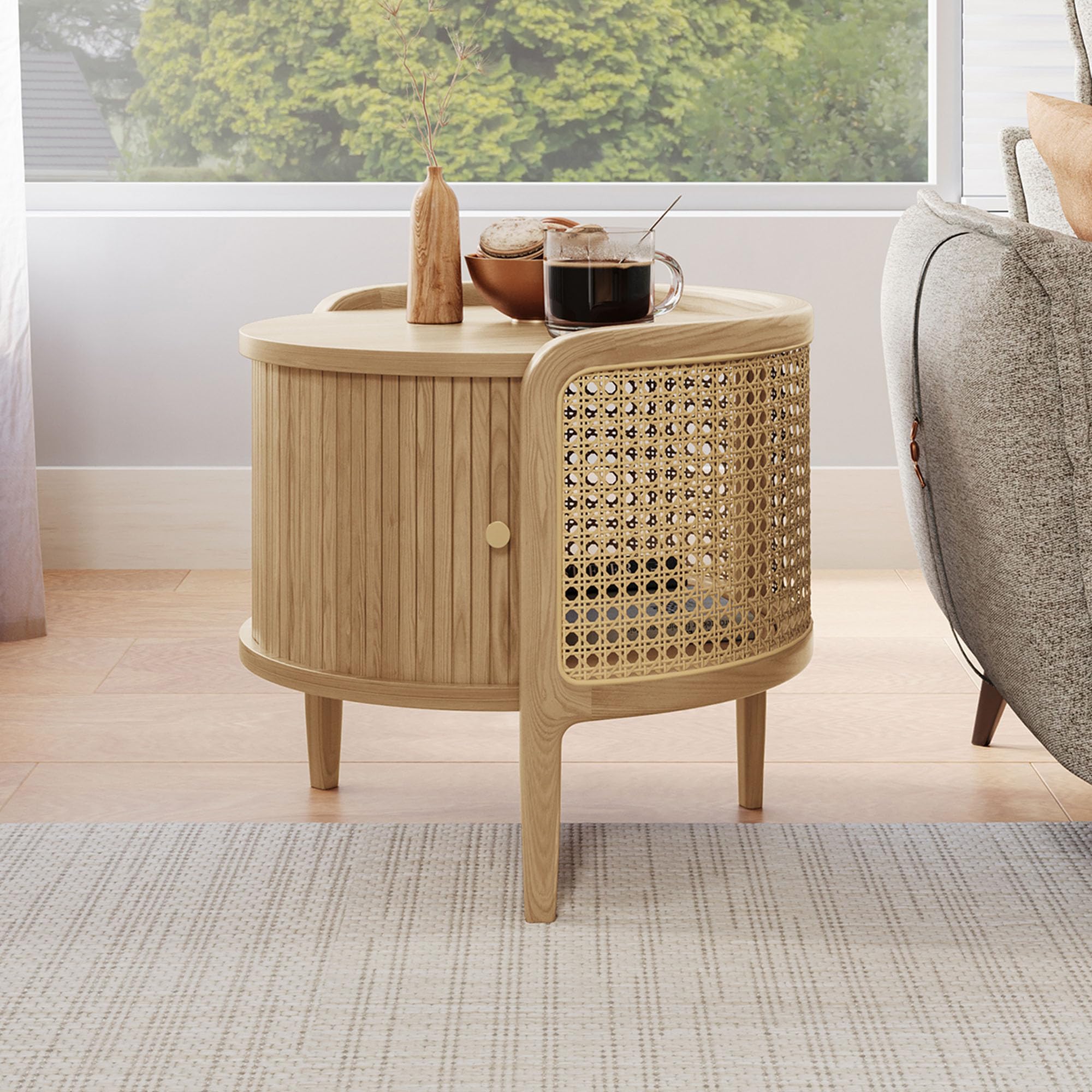 Wood Rattan Roller Door Nightstand Set of 2