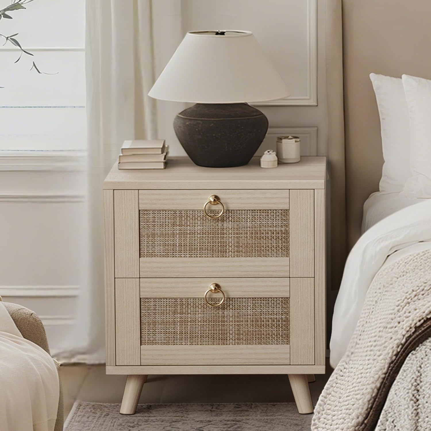 Boho Rattan 2-Drawer Wooden Nightstand