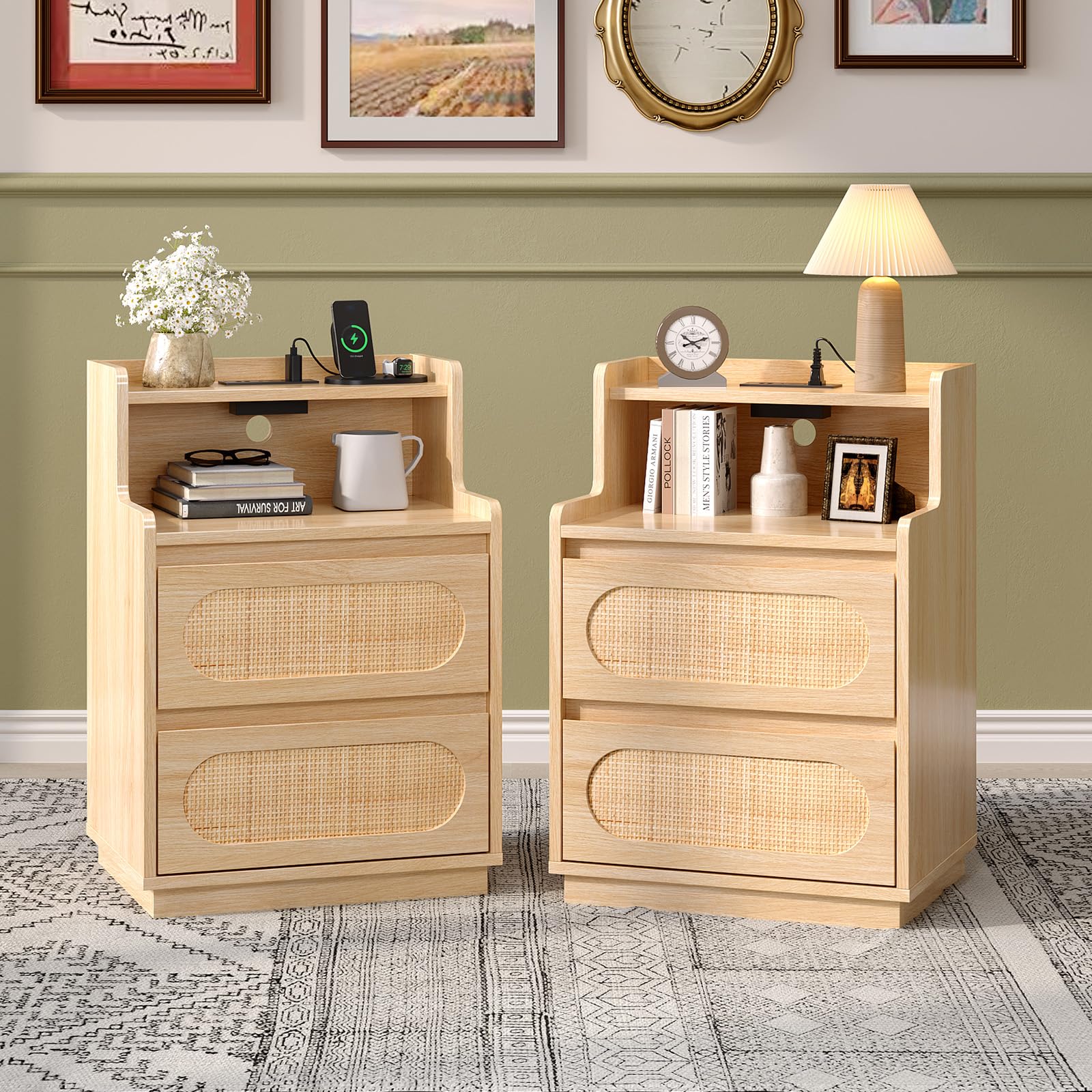 Black Rattan 3-Drawer Nightstand Set of 2
