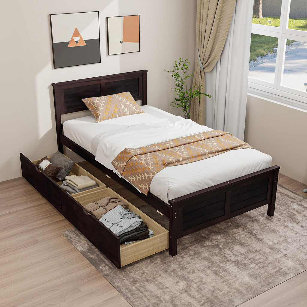 White Twin Wood Storage Drawer Bed Frame