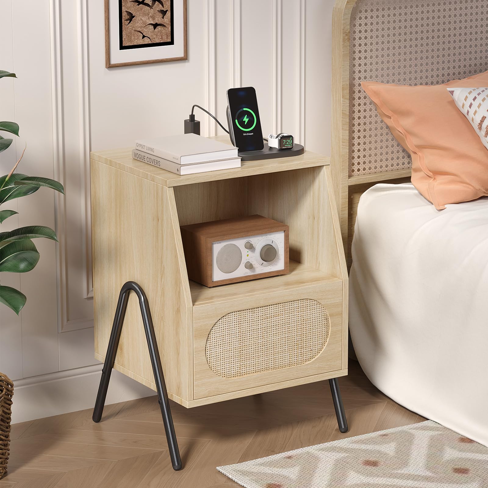 Black Rattan 3-Drawer Nightstand Set of 2