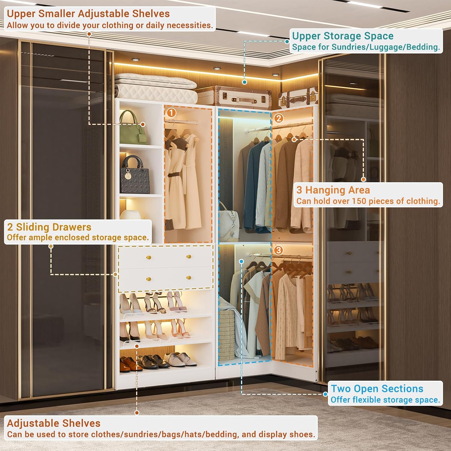 White Reversible L-Shaped Corner Closet System