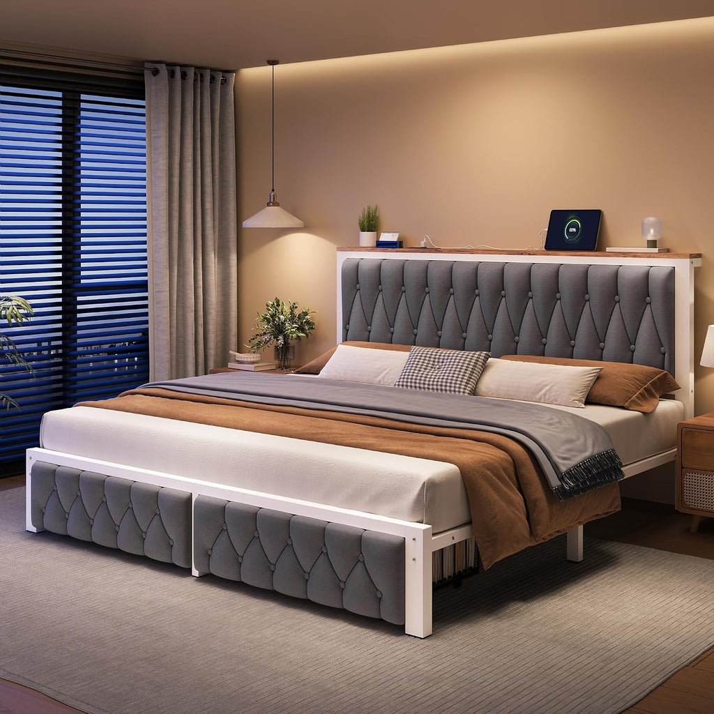 Grey King Storage Drawer Charging Bed Frame