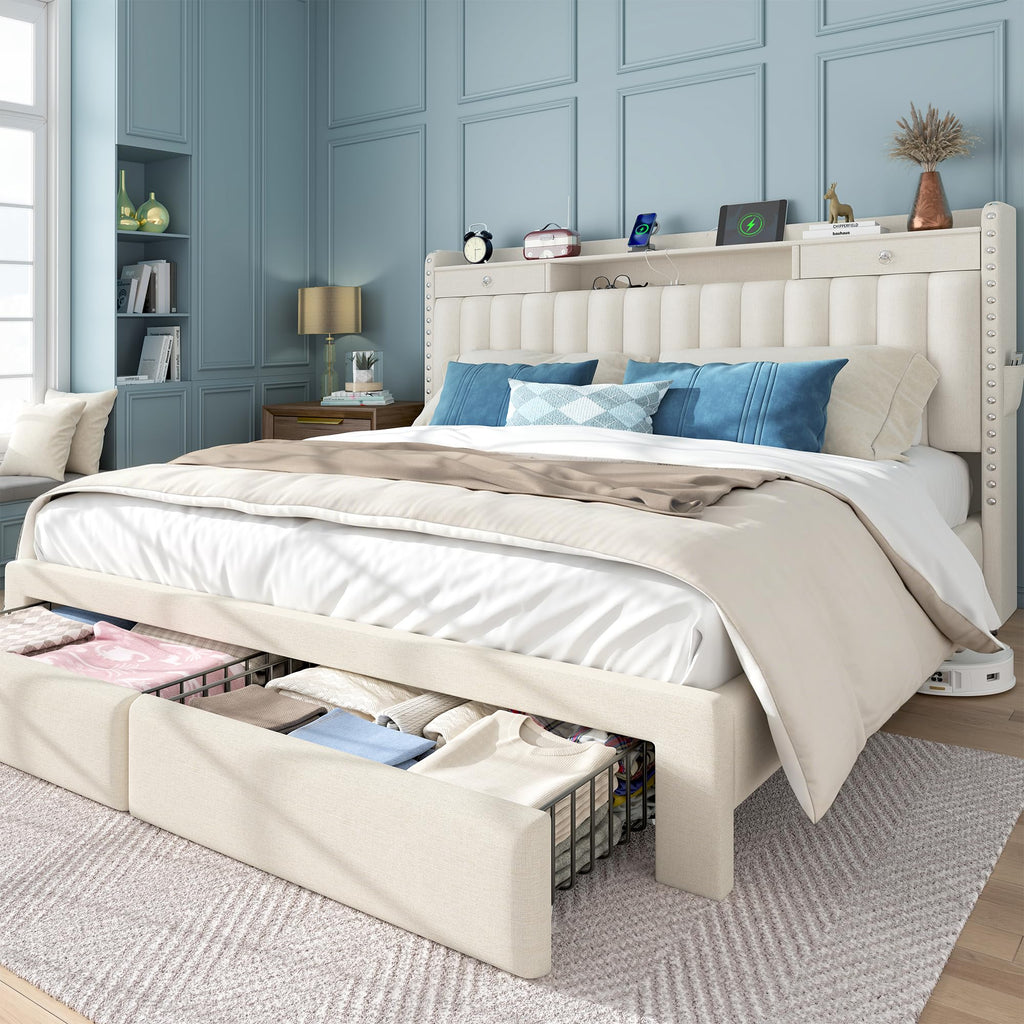 Beige Linen Charging Storage Full Bed Frame