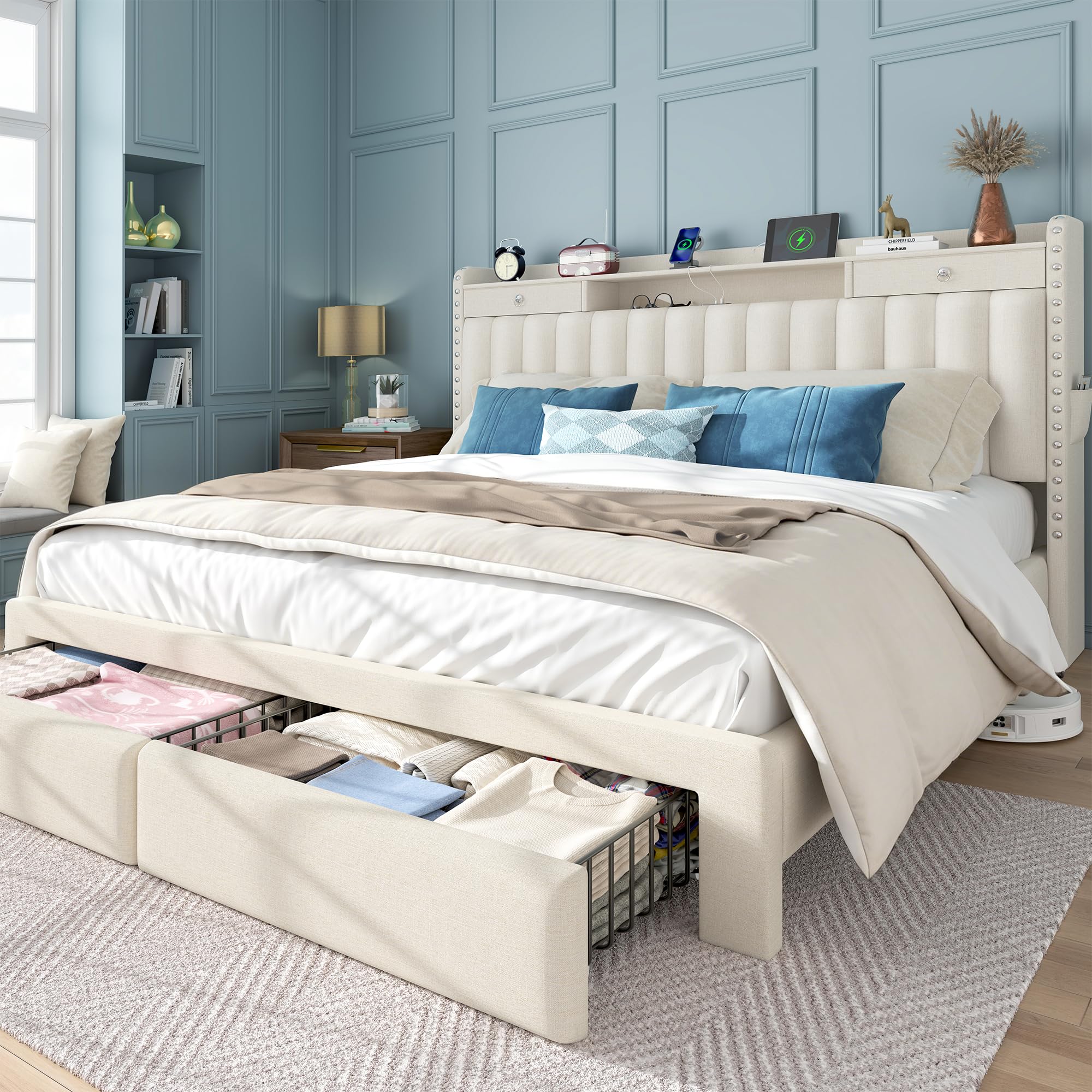 Beige Linen Charging Storage Full Bed Frame