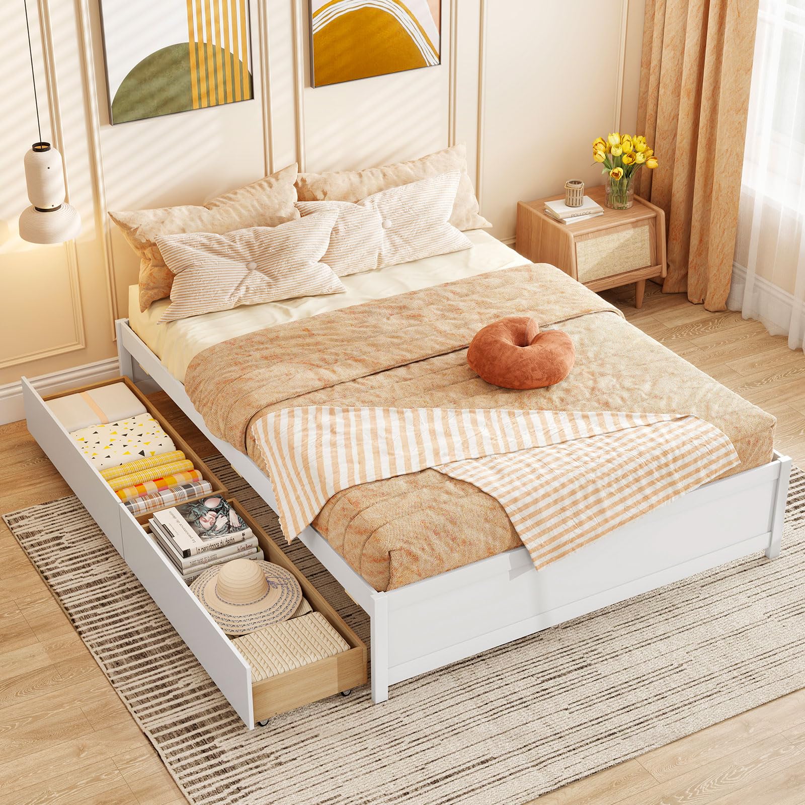 Natural Queen Wood Storage Drawer Bed Frame
