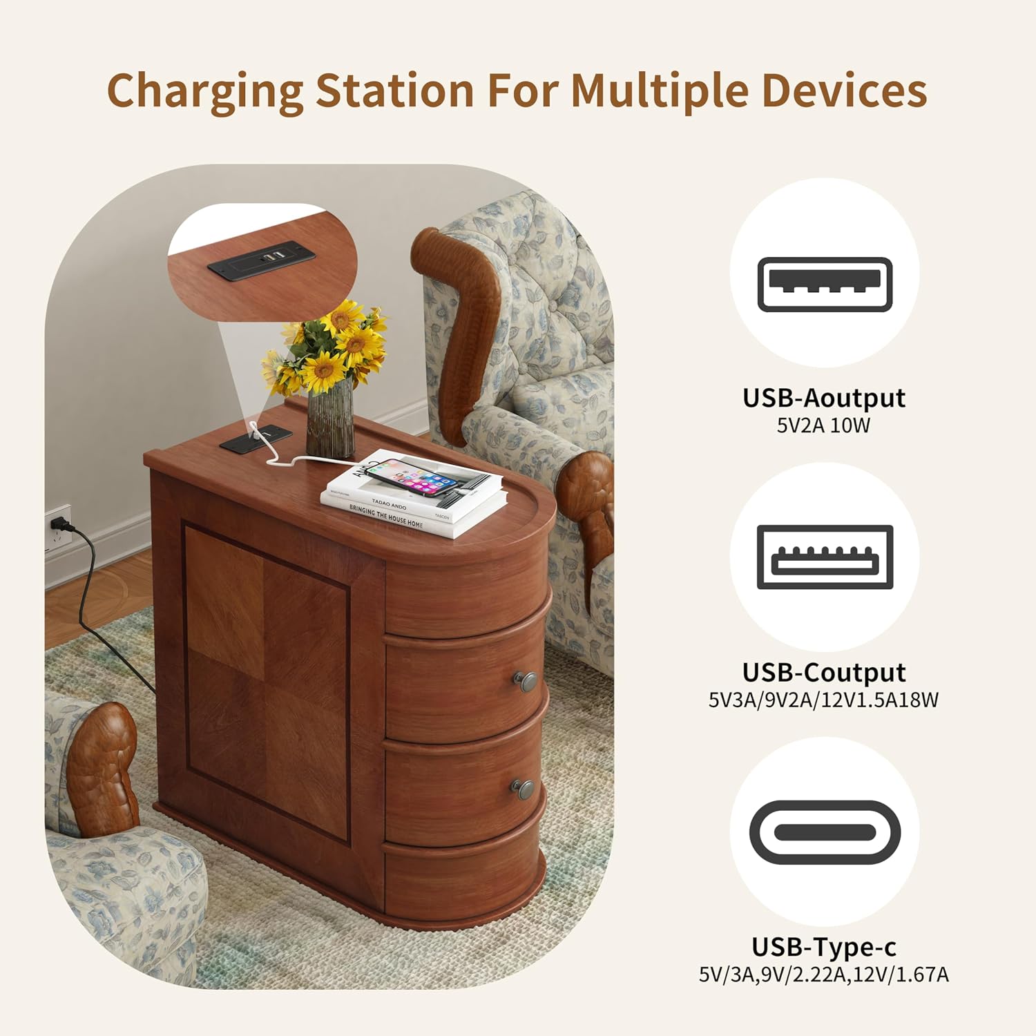 Brown Narrow Charging 2-Drawer Side Table