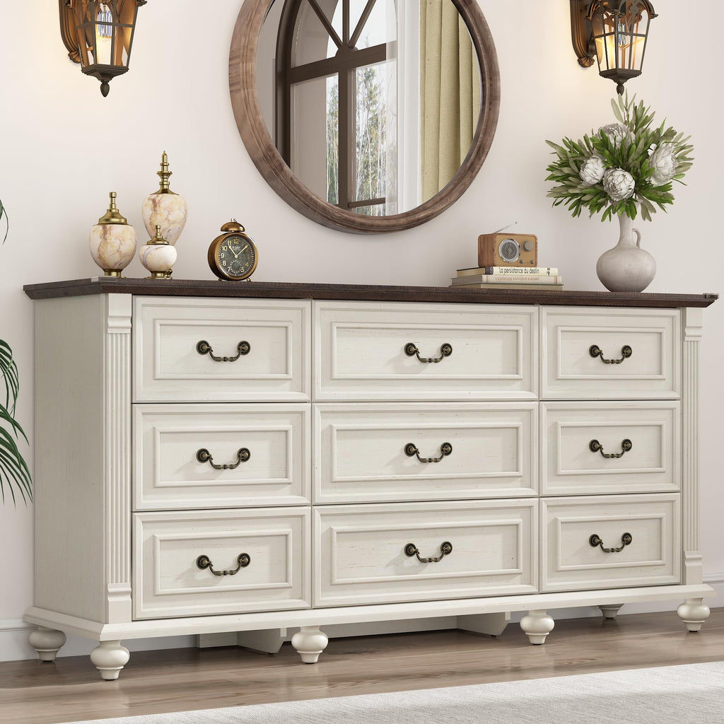 Rustic White 9-Drawer Farmhouse Wood Dresser
