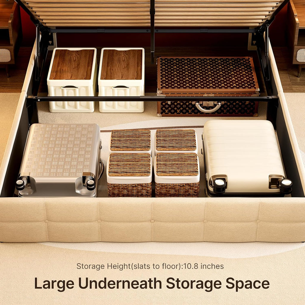 Beige Wingback Hydraulic Full Storage Bed