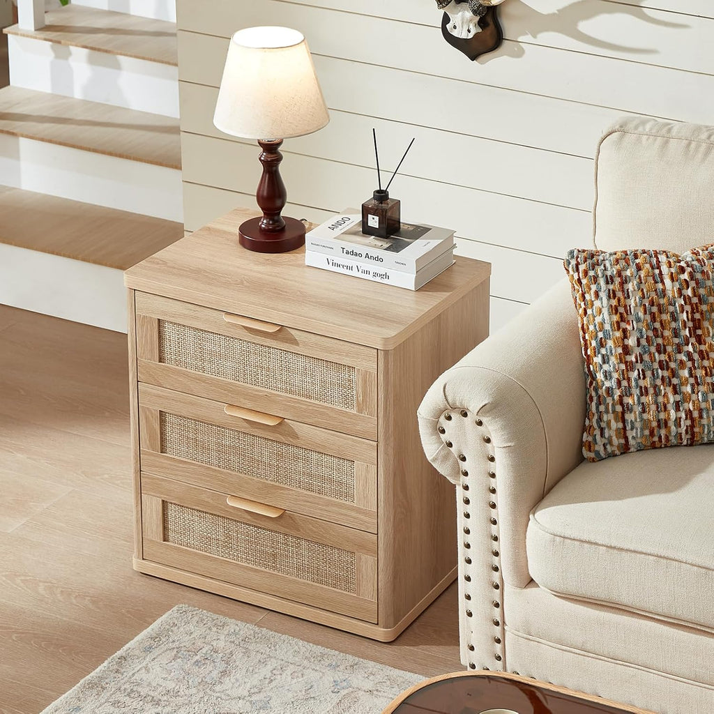 Boho Rattan 3-Drawer Nightstands Set of 2