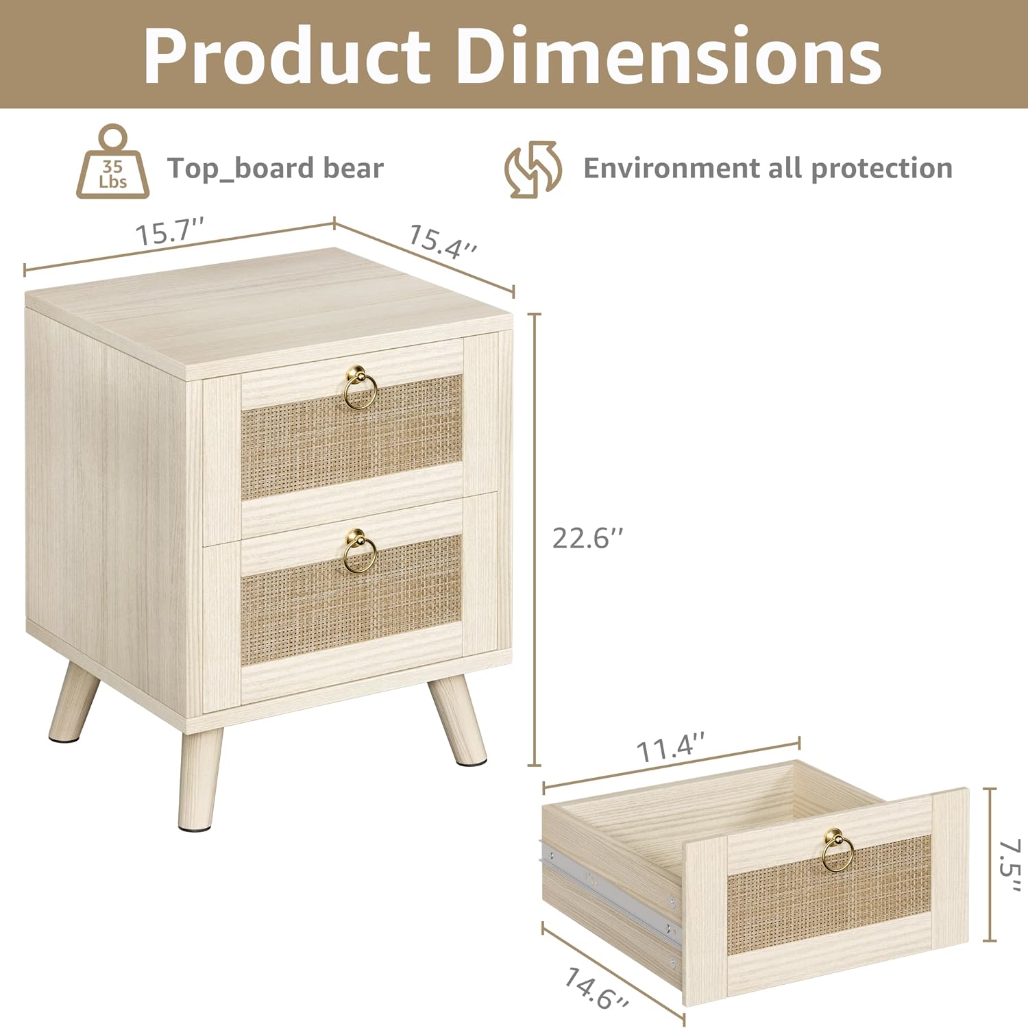 Boho Rattan 2-Drawer Wooden Nightstand