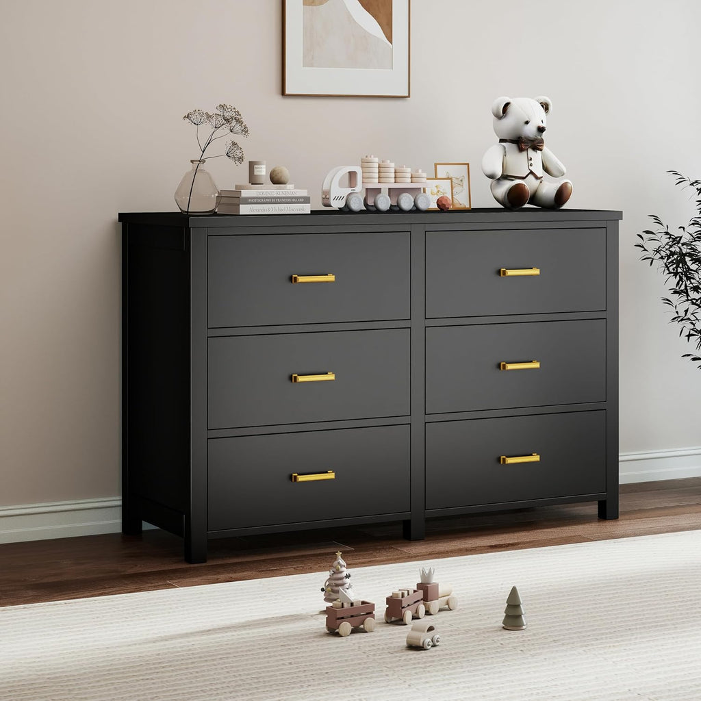 Black Solid Wood 6-Drawer Mid Century Dresser