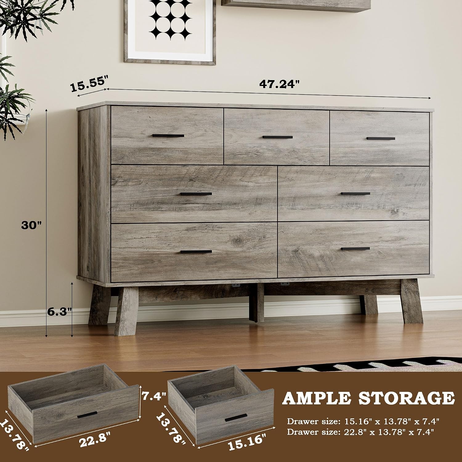 7-Drawer Modern Metal Handle Wood Dresser