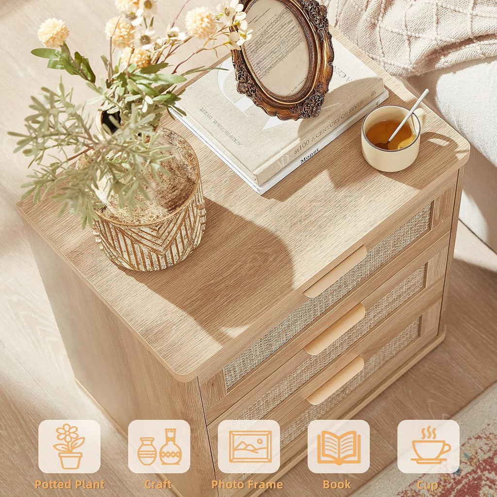 Boho Rattan 3-Drawer Nightstands Set of 2
