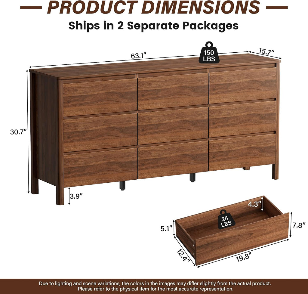 Walnut Wood Leg 9-Drawer Mid-Century Dresser