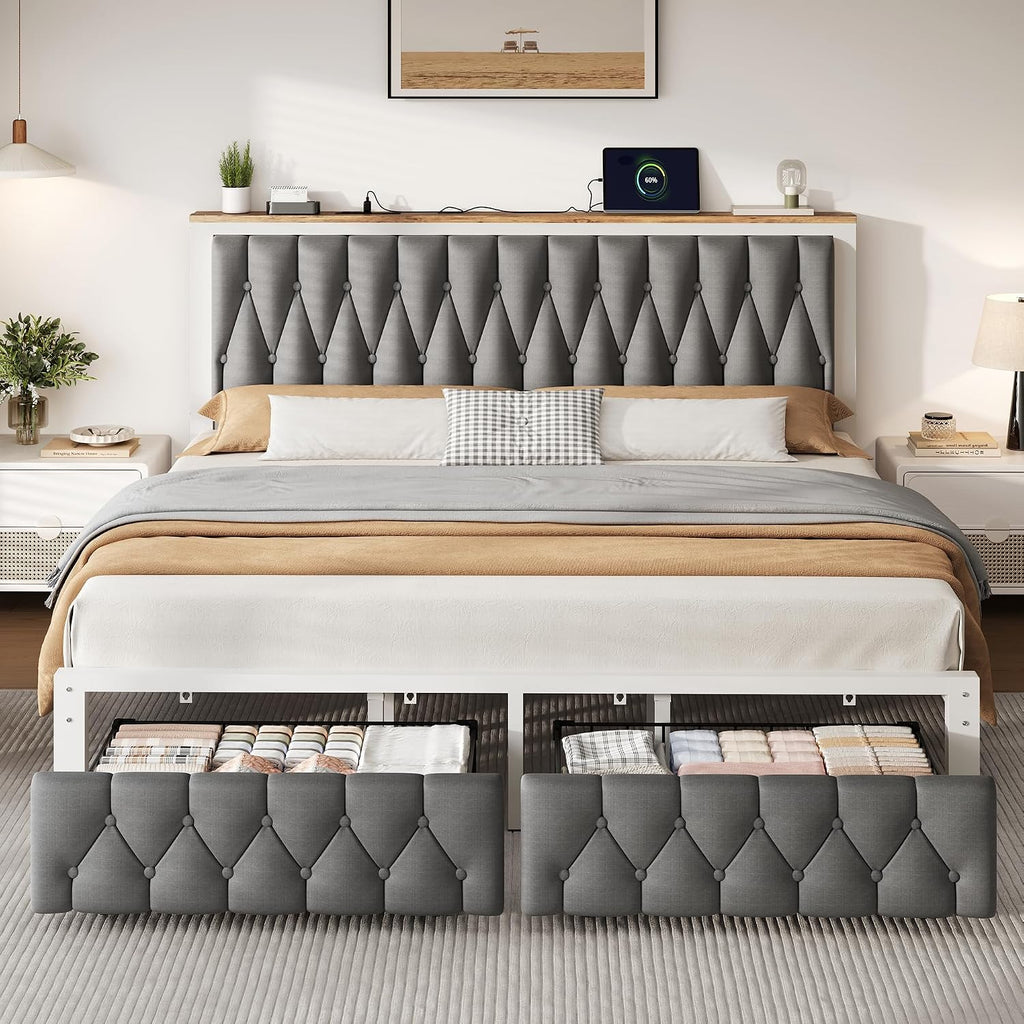 Grey King Storage Drawer Charging Bed Frame