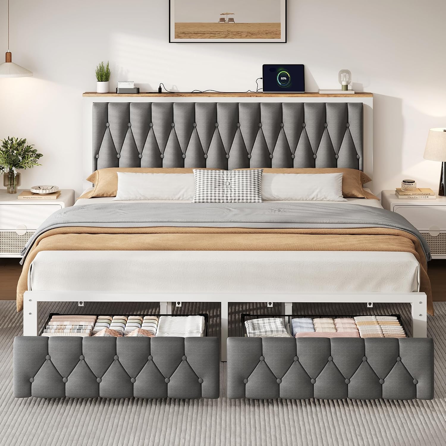 Grey King Storage Drawer Charging Bed Frame