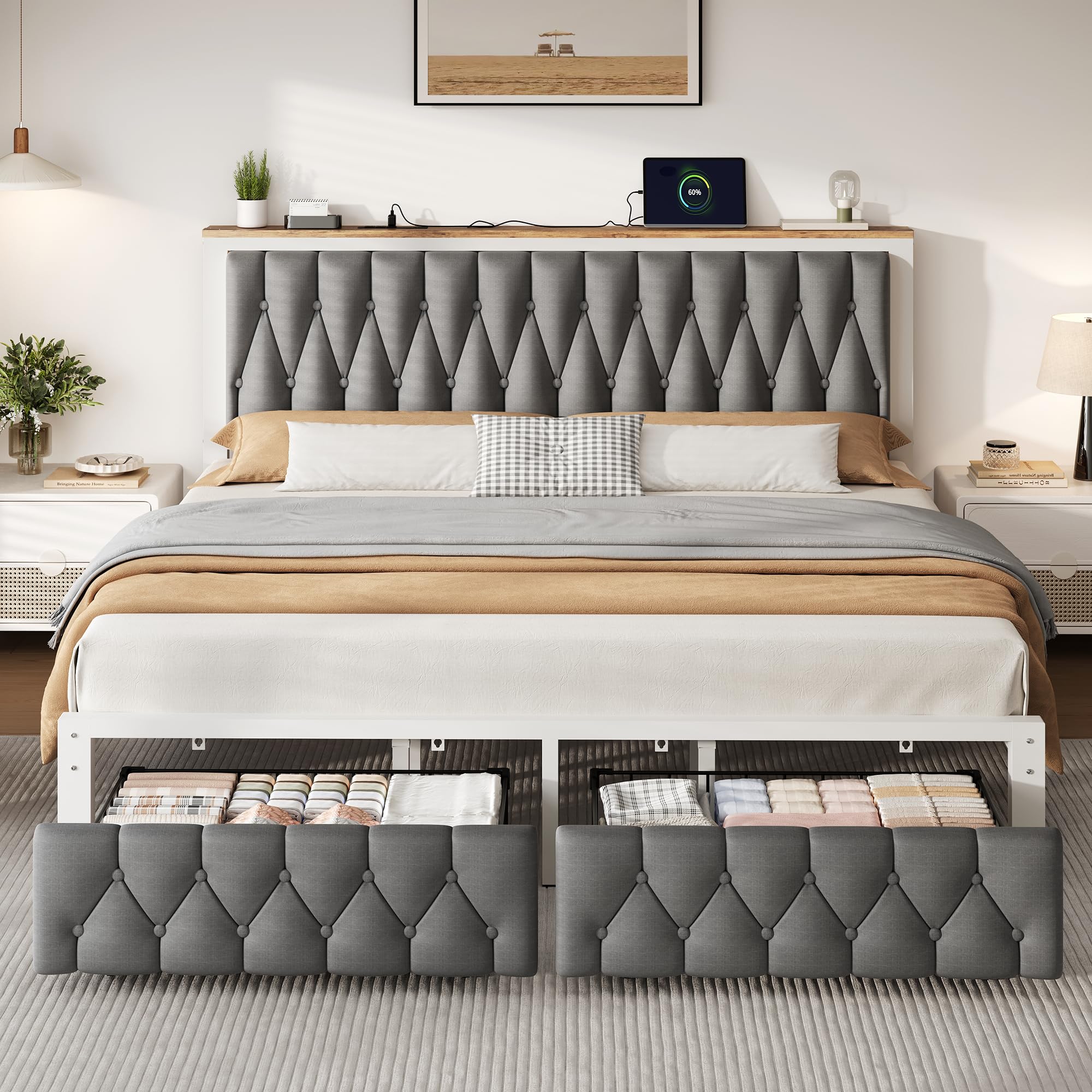 Grey King Storage Drawer Charging Bed Frame