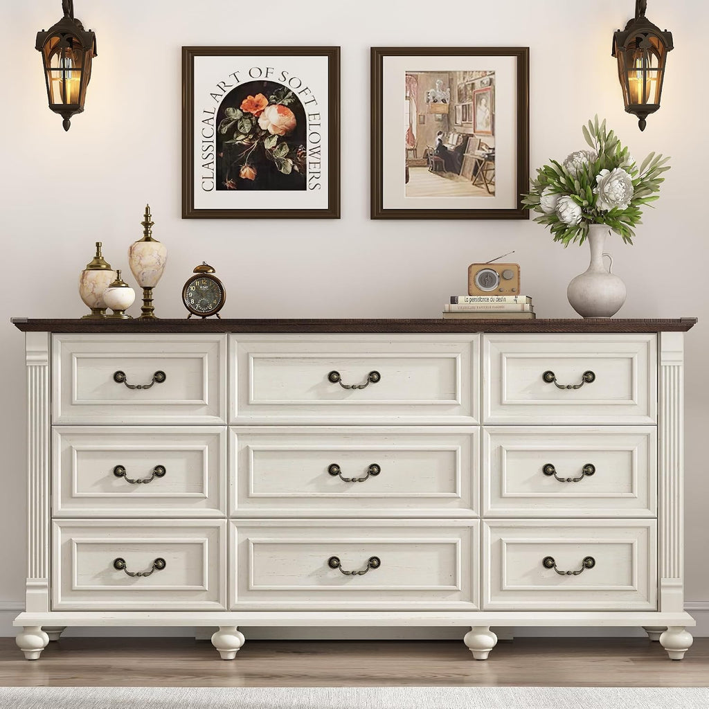 Rustic White 9-Drawer Farmhouse Wood Dresser