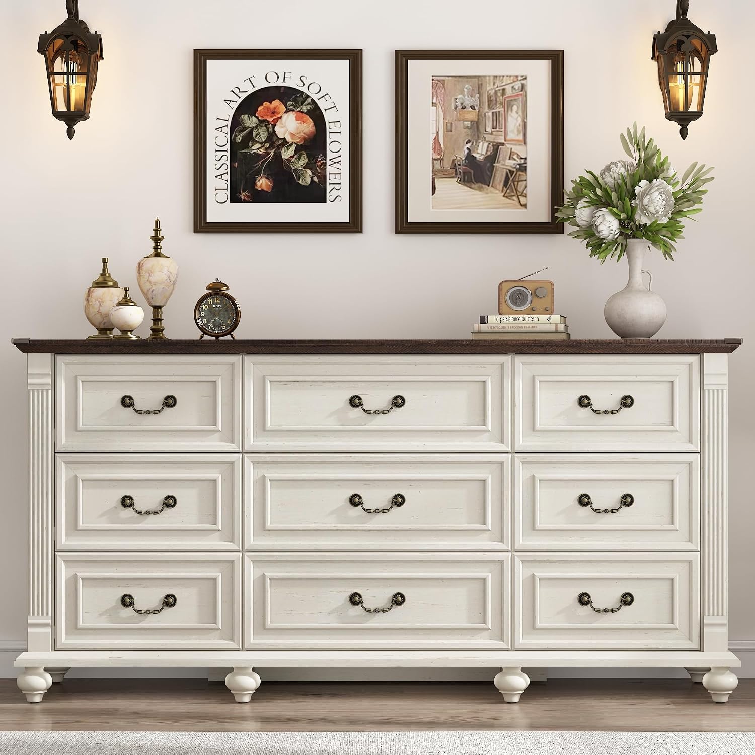 Rustic White 9-Drawer Farmhouse Wood Dresser