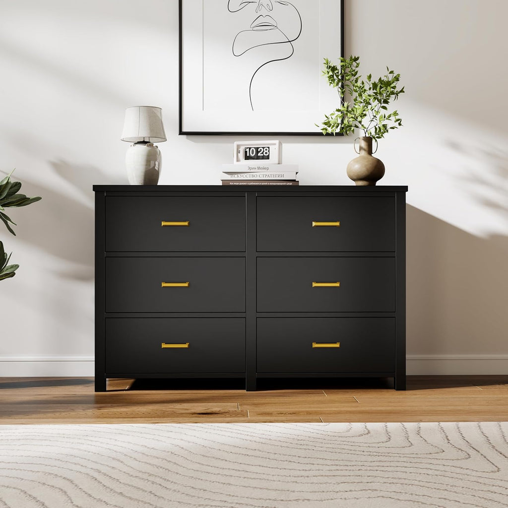 Black Solid Wood 6-Drawer Mid Century Dresser
