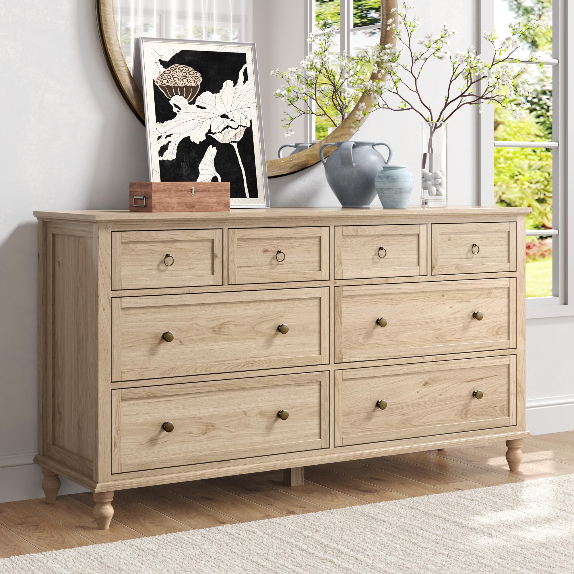 Antique White 8-Drawer Rustic Wood Dresser